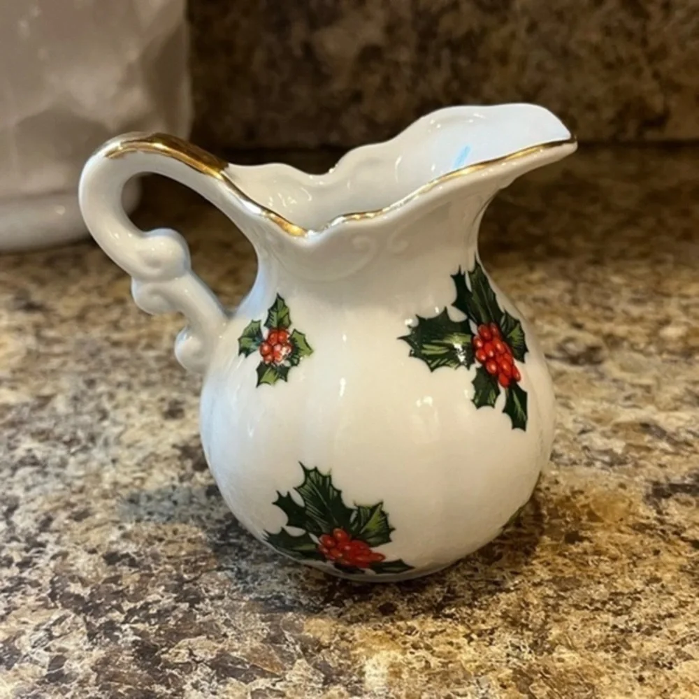 Vintage Lefton China Creamer Mini Pitcher with Hand Painted Holly Berry Design